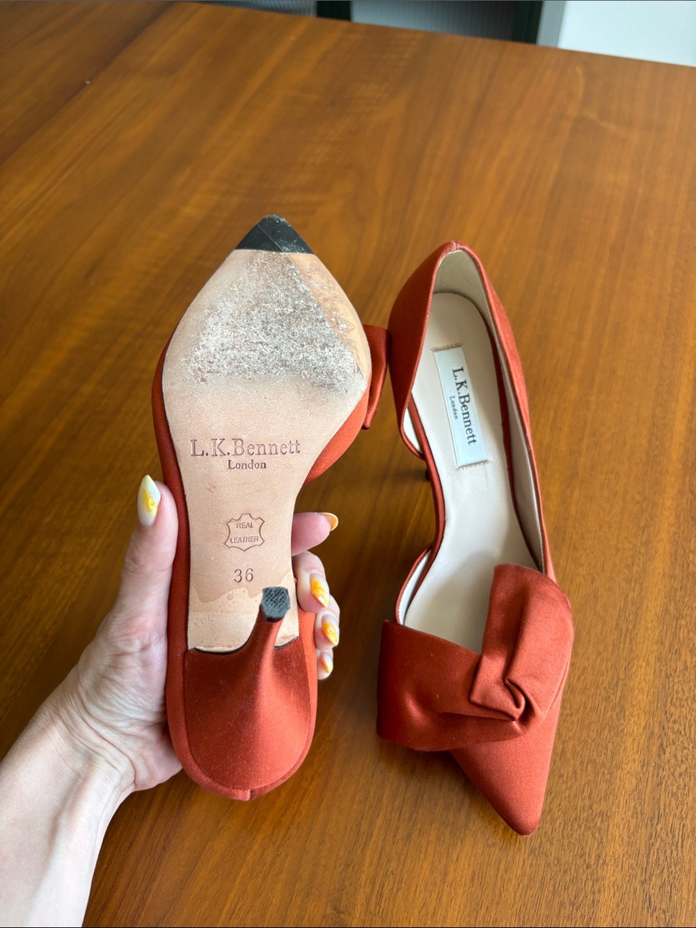 LK Bennett Rust Satin Pointed-Toe Pumps with Knot Accent - Picture 2 of 4